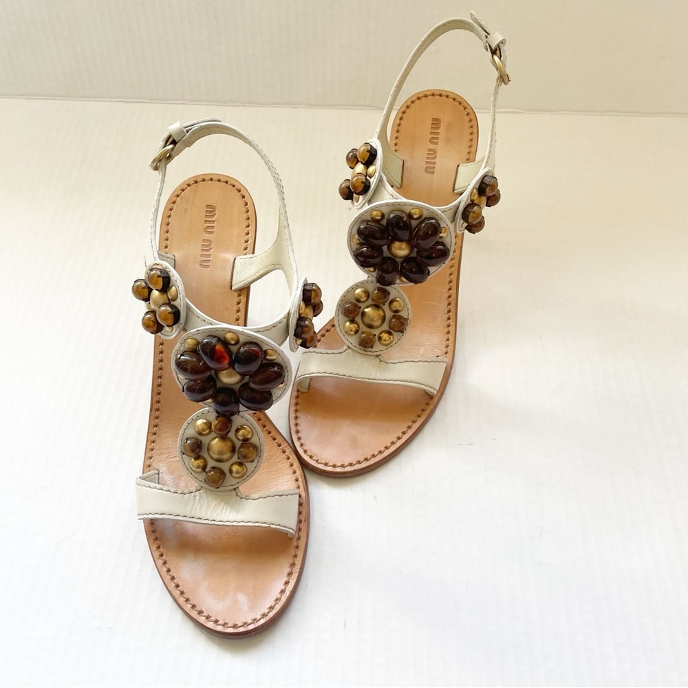 Miu Miu White Leather Embellished Sandals size 38.5